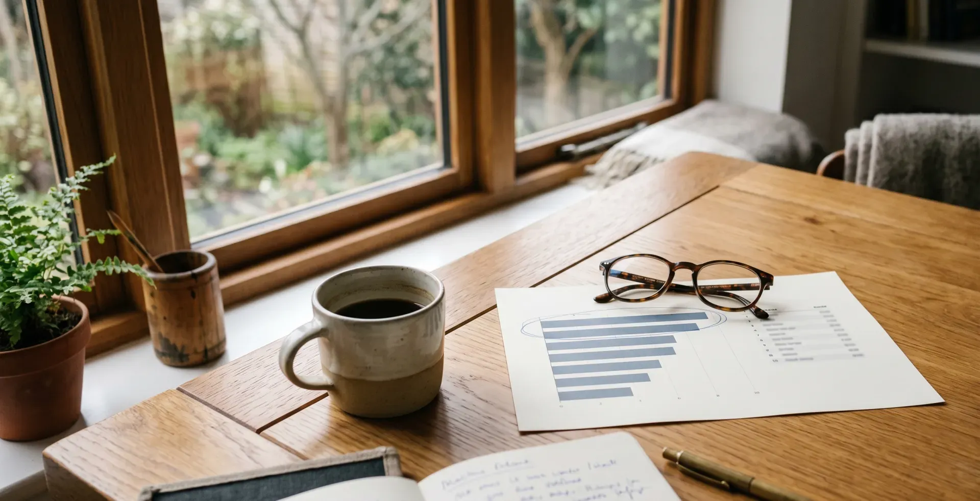 A printed report with a blue bar chart and ranked list on a warm wooden desk by a sunlit window, a pair of reading glasses resting on the page, a ceramic mug of coffee, and an open handwritten notebook
