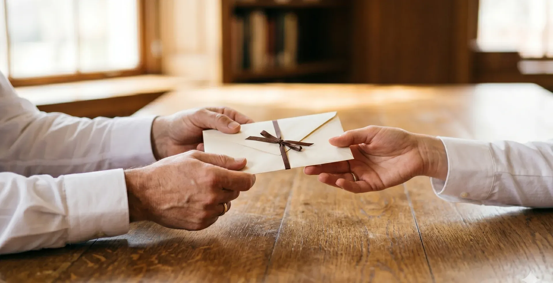 Two pairs of hands across a wooden table, one passing a folded cream envelope to the other in soft daylight