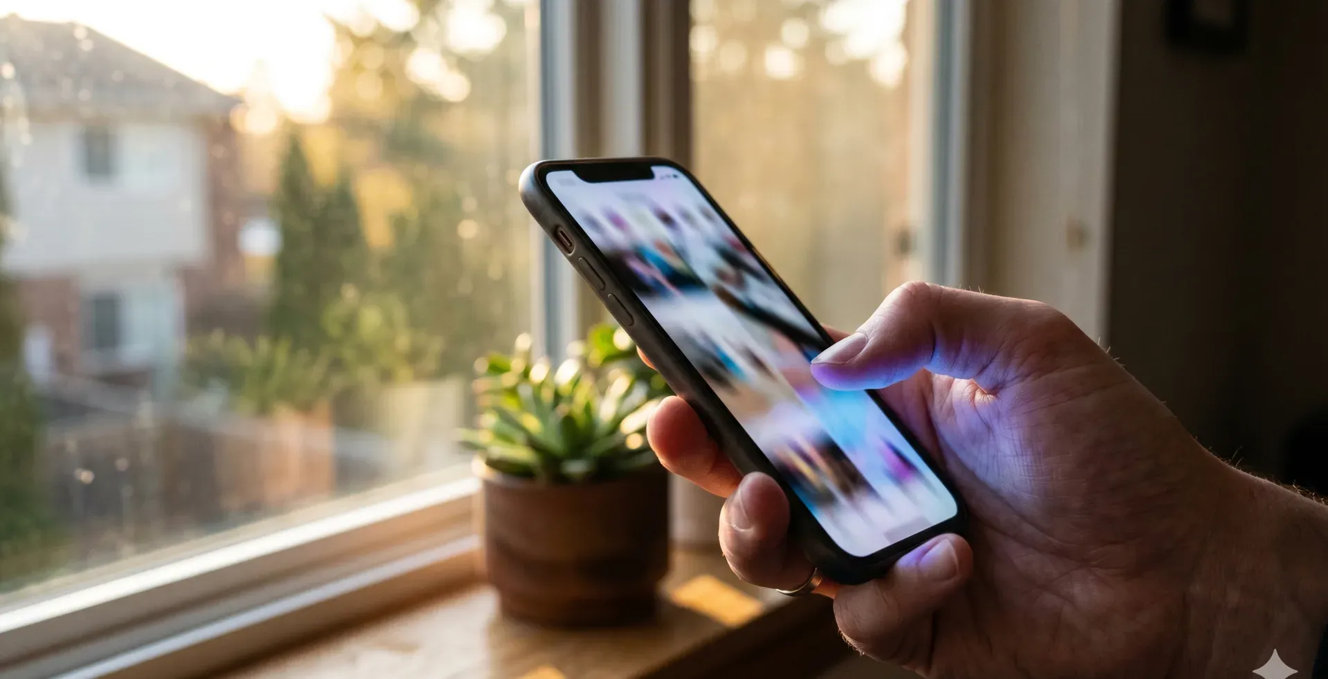 Hand holding a smartphone in soft window light, screen glow on the fingers