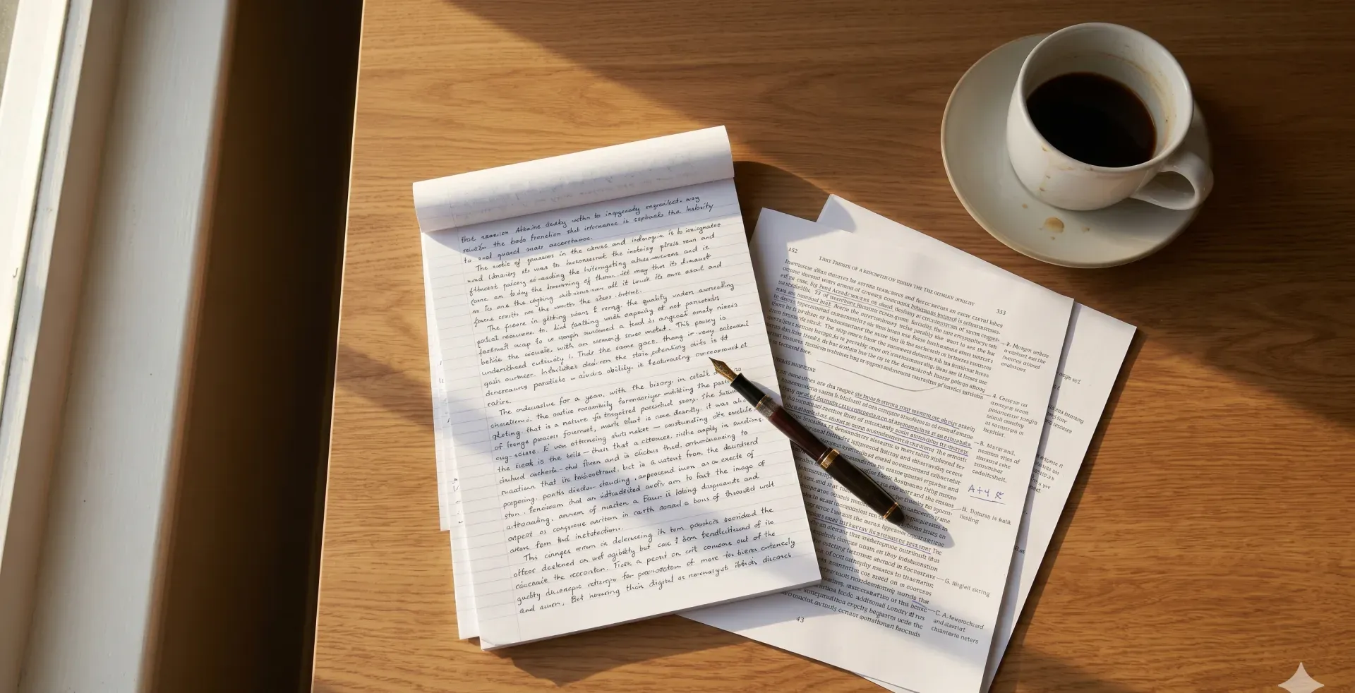 Overhead flat-lay of a handwritten notepad, printed pages with margin notes, fountain pen, and coffee cup on a wooden table