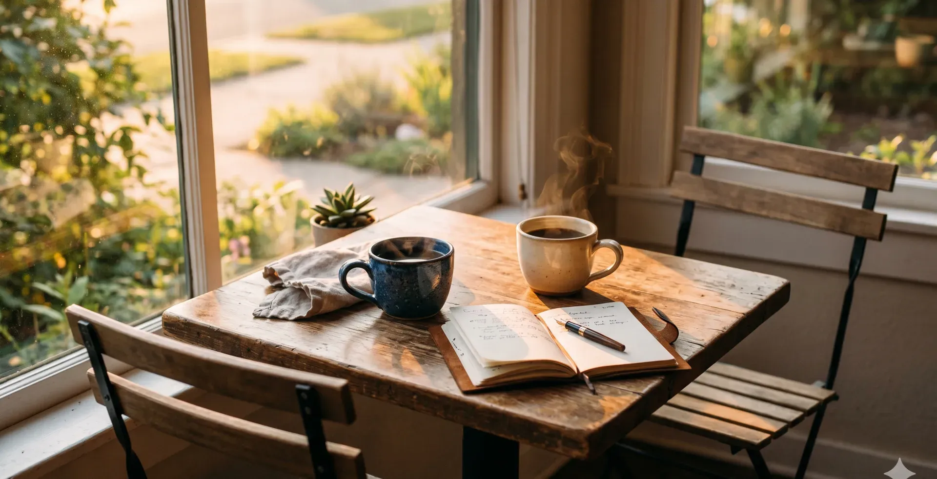 Two ceramic coffee cups on a wooden table near a window at golden hour, with two empty chairs angled toward each other