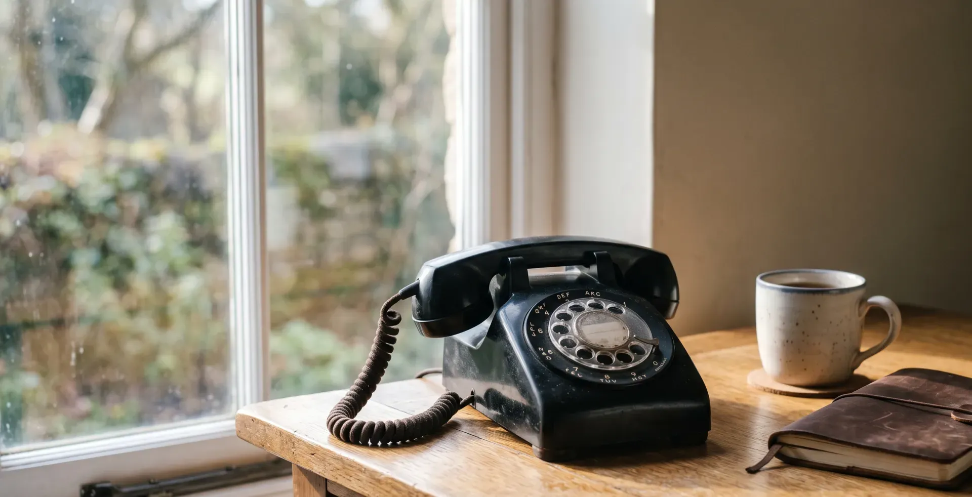 A black rotary desk telephone on a warm wooden desk beside a sunlit window, with a ceramic mug of coffee and a leather notebook nearby