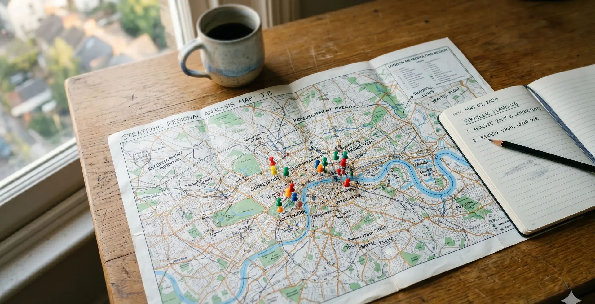 Open paper map of a city with pencil annotations and pin markers, on a wooden desk in morning light