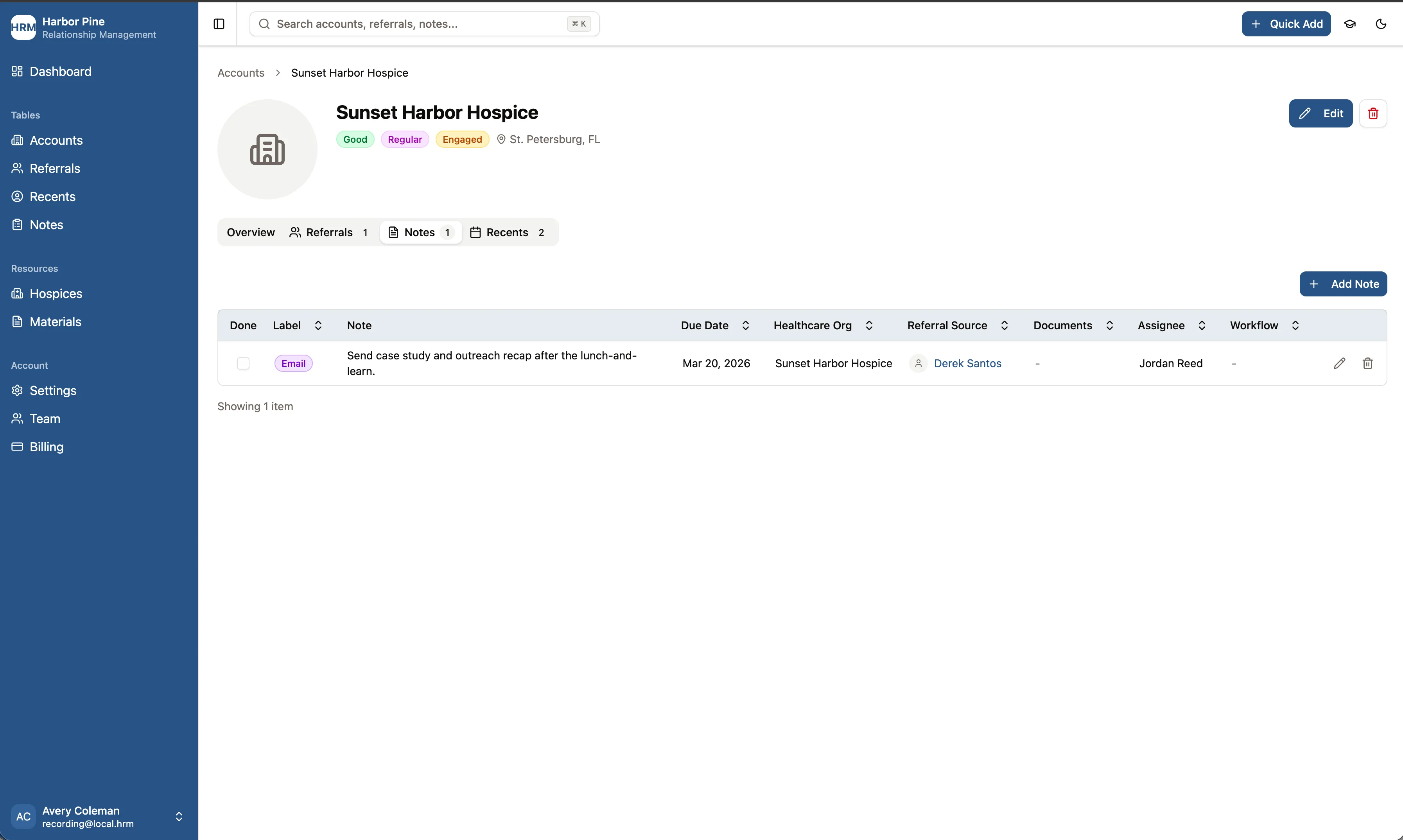 Account detail view for Sunset Harbor Hospice showing contacts, referrals, and service history