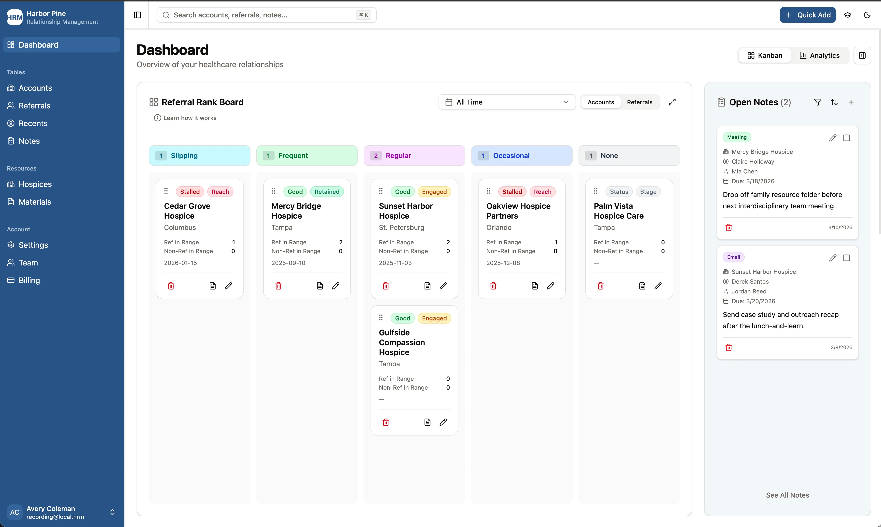 Referral pipeline board with Kanban columns showing frequent, regular, and occasional accounts