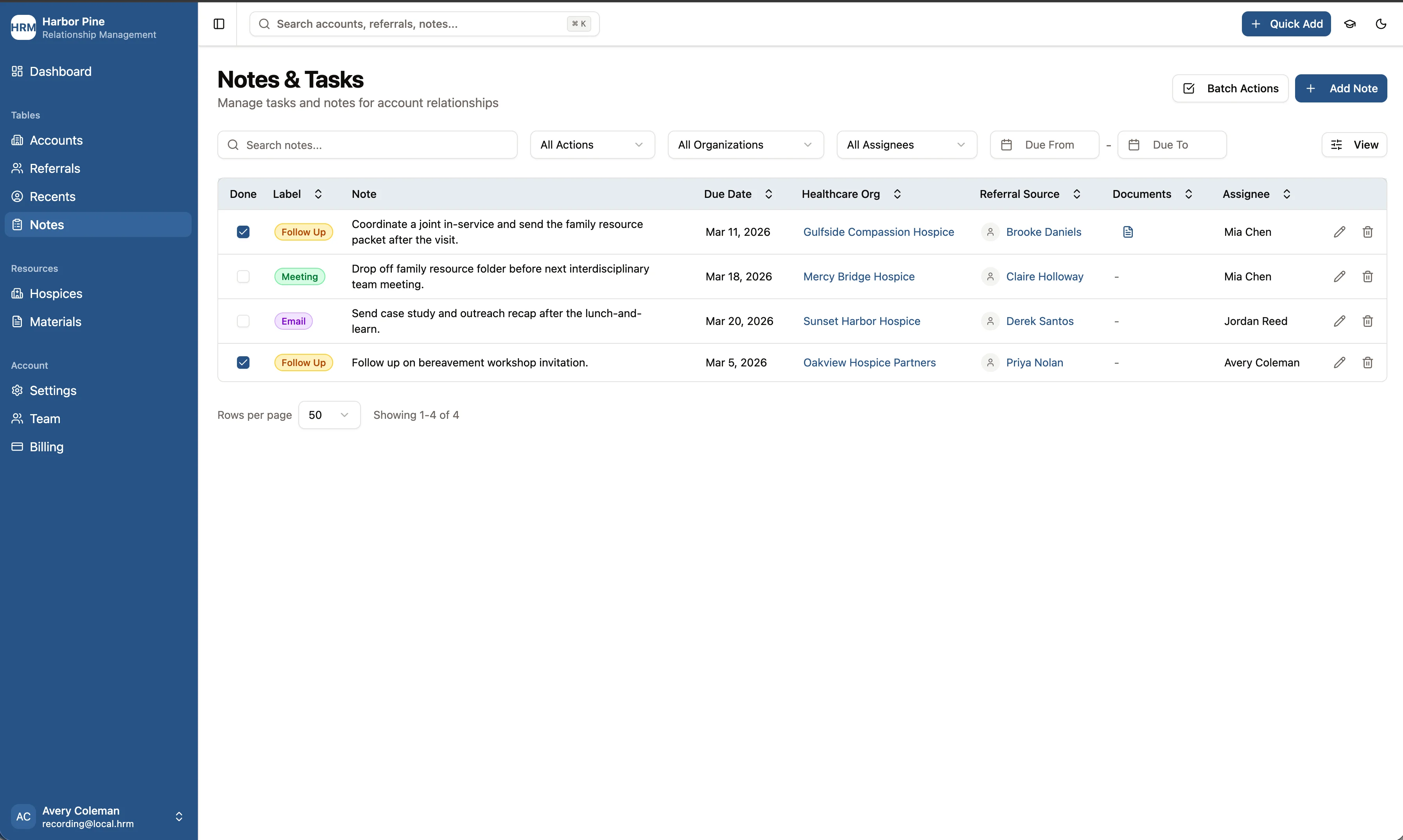 Task list with notes, due dates, and assigned follow-up items